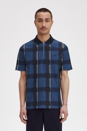 Fred Perry Glitch Tartan Zip Neck Men's Polo Shirt Midnight Blue | PDNYI5619