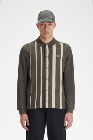 Fred Perry Gradient Stripe Long Sleeve Men's Polo Shirt Field Green | HDTZP8621