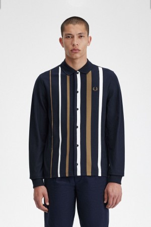 Fred Perry Gradient Stripe Long Sleeve Men's Polo Shirt Navy | MDUXH3617