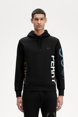 Fred Perry Graphic Branding Hooded Men's Sweatshirts Black | ZYFCO7235