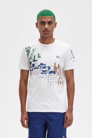 Fred Perry Grid Print Men's T-Shirt Snow White | NCOWG1024