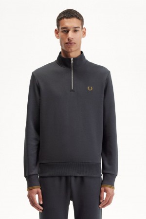 Fred Perry Half Zip Men's Sweatshirts Anchor Grey Dark Coffee | POLXB5109