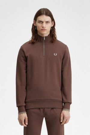 Fred Perry Half Zip Men's Sweatshirts Dark Red Warm Grey | LZGQO2318