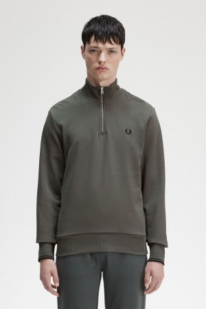 Fred Perry Half Zip Men's Sweatshirts Field Green | UZROA6205