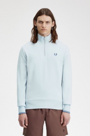 Fred Perry Half Zip Men's Sweatshirts Light Aqua Midnight Blue | QMWVD5136