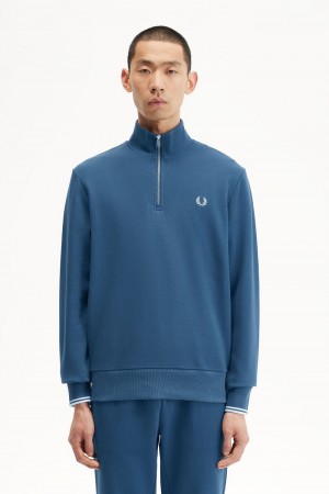 Fred Perry Half Zip Men's Sweatshirts Midnight Blue Light Aqua | KLDNJ3901