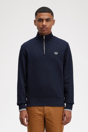 Fred Perry Half Zip Men's Sweatshirts Navy | NYRHV1529