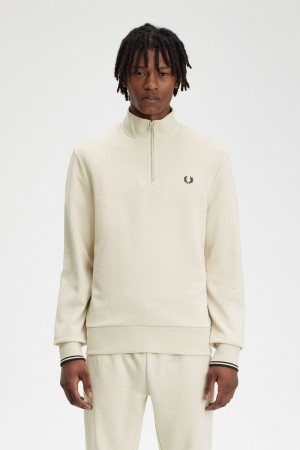 Fred Perry Half Zip Men's Sweatshirts Oatmeal Black | QTMSJ8643