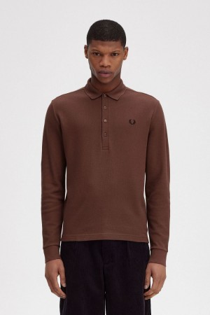 Fred Perry Honeycomb Cotton Long Sleeve Men's Polo Shirt Whisky Brown | CRSBD5321