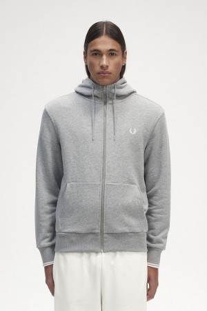 Fred Perry Hooded Zip Through Men's Sweatshirts Grey | LZGWF1780