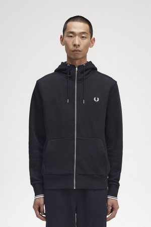 Fred Perry Hooded Zip Through Men's Sweatshirts Black | IFJXL8302