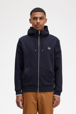 Fred Perry Hooded Zip Through Men's Sweatshirts Navy | PENVI1976