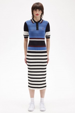 Fred Perry Jacquard Knitted Stripe Women's Dress Twilight Blue | QJMKX9468