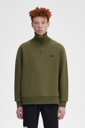 Fred Perry Knitted Trim Zip Neck Men's Sweatshirts Uniform Green | GUAML4570