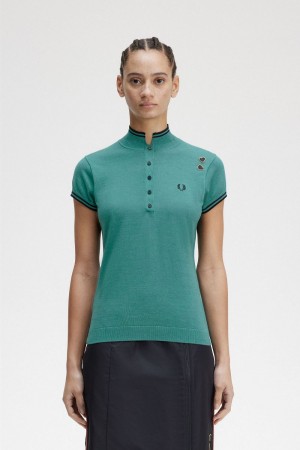 Fred Perry Knitted Women's Shirt Deep Mint | FEPDB1890