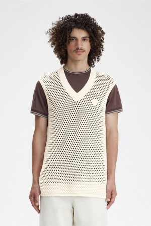 Fred Perry Lace Knit Men's Tanks Beige | QZSET8315