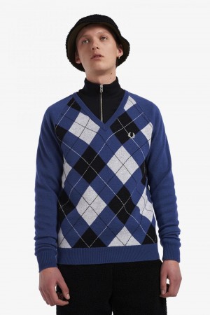 Fred Perry Lambswool Argyle V-Neck Men's Jumper Cobalt | PVNRD7345