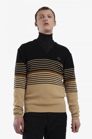 Fred Perry Lambswool Striped Men's Jumper Khaki | EVLGH9038