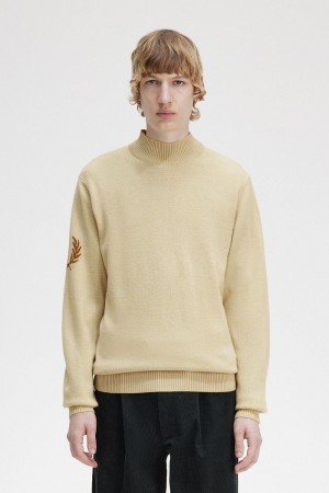 Fred Perry Laurel Wreath Mock Neck Men's Jumper Oatmeal | ZXARM9786