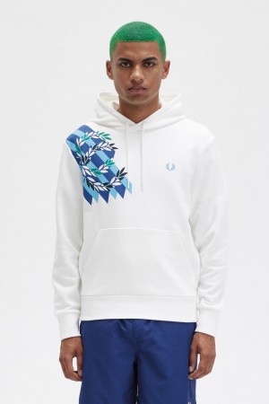 Fred Perry Laurel Wreath Print Hooded Men's Sweatshirts Snow White | QVOKT3172