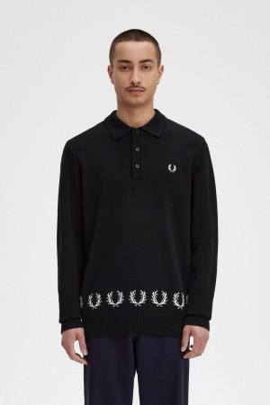 Fred Perry Laurel Wreath Trim Knitted Men's Shirt Black | YXOZF2481