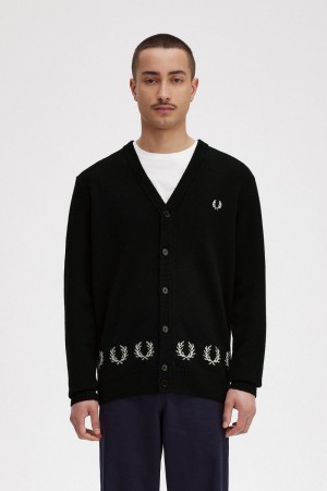 Fred Perry Laurel Wreath Trim Men's Cardigan Black | XLTAV9643