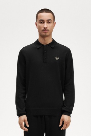 Fred Perry Long Sleeve Knitted Men's Shirt Black | BYQNH9106