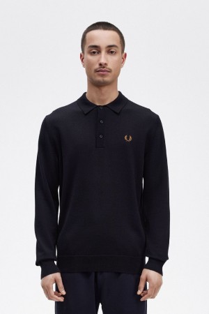 Fred Perry Long Sleeve Knitted Men's Shirt Navy | VCFQY3284