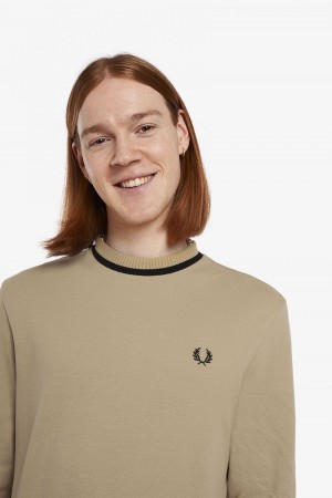 Fred Perry Long Sleeve Piqué Men's T-Shirt Khaki | WXEDK4238