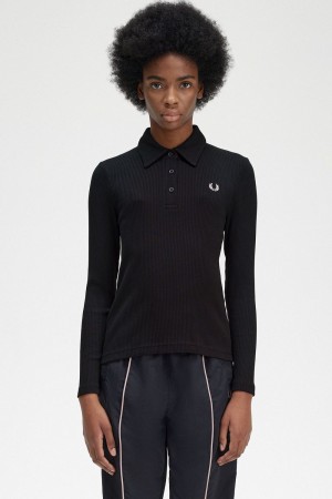 Fred Perry Long Sleeve Ribbed Women's Polo Shirt Black | IXAGH0539