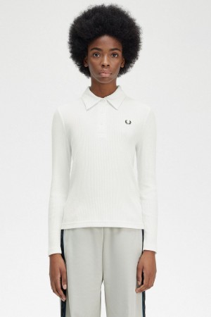 Fred Perry Long Sleeve Ribbed Women's Polo Shirt Snow White | MPDJW6439