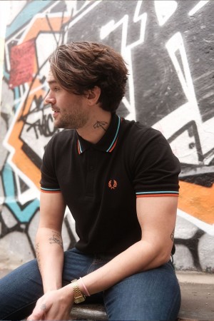 Fred Perry M12 Men's Shirt Black Hamburg Sky Blue Orange Spray Paint | KPDRW7490