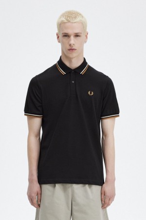 Fred Perry M12 Men's Shirt Black Oatmeal Dark Coffee | WDLSY4976