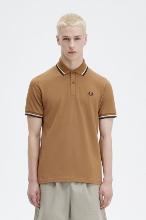 Fred Perry M12 Men's Shirt Dark Coffee Beige Navy | PJUWH2957