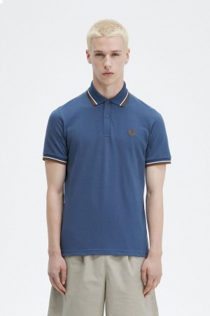 Fred Perry M12 Men's Shirt Midnight Blue Beige Dark Coffee | IQKVD5306