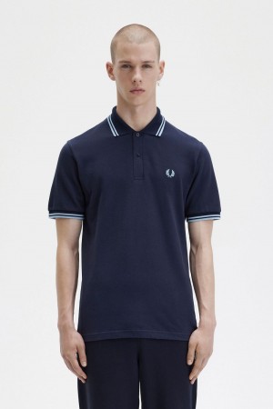 Fred Perry M12 Men's Shirt Navy Aqua Aqua | FGLQM1673