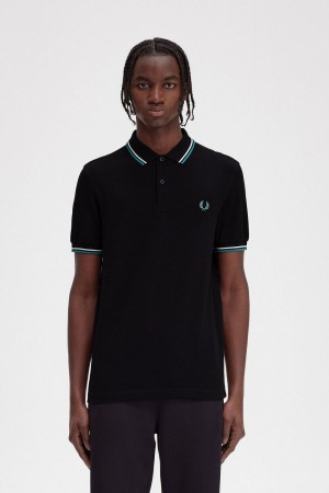 Fred Perry M3600 Men's Shirt Black Beige Deep Mint | MEZAG4921