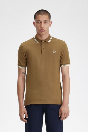 Fred Perry M3600 Men's Shirt Brown Snow White Beige | SMDJA1930