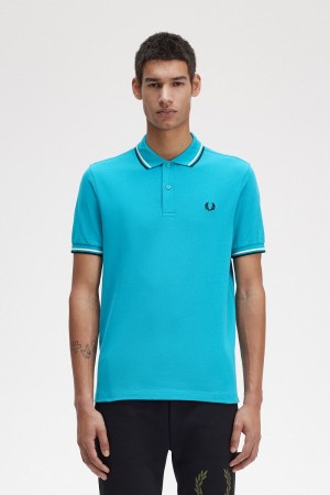 Fred Perry M3600 Men's Shirt Cyber Blue Aqua Cream Black | RIBAJ2439