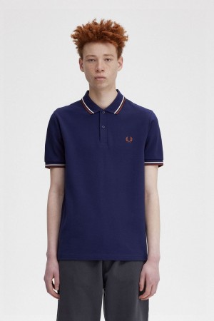 Fred Perry M3600 Men's Shirt French Navy Beige Whisky Brown | ISVXB0953