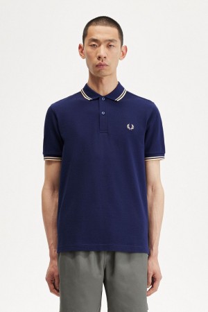 Fred Perry M3600 Men's Shirt French Navy Aqua Cream Aqua Cream | GIKXF5942