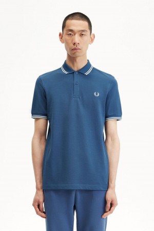 Fred Perry M3600 Men's Shirt Midnight Blue Beige Light Aqua | UFBTR4835