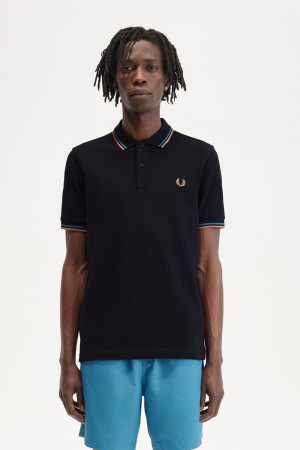 Fred Perry M3600 Men's Shirt Navy Cyber Blue Light Rust | MAQIJ9435