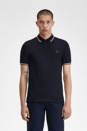 Fred Perry M3600 Men's Shirt Navy Snow White Brown | FGZAO7840