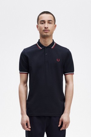 Fred Perry M3600 Men's Shirt Navy Snow White Burnt Red | PFNZE7902