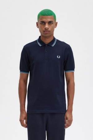 Fred Perry M3600 Men's Shirt Navy Soft Blue Silver Blue | FOZDN5063