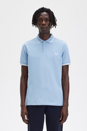 Fred Perry M3600 Men's Shirt Sky Blue Snow White | TDYCR7365