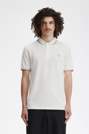 Fred Perry M3600 Men's Shirt Snow White Oatmeal Green | FERGX5814