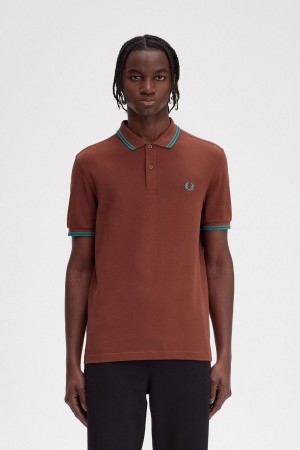 Fred Perry M3600 Men's Shirt Whisky Brown Deep Mint Deep Mint | LUAXM4790