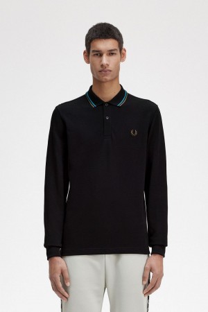 Fred Perry M3636 Men's Shirt Black Cyber Blue Uniform Green | XBTGL5167